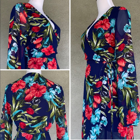 “The Room” Navy Floral Chiffon Maxi Wrap Dress Sm - Picture 5 of 8